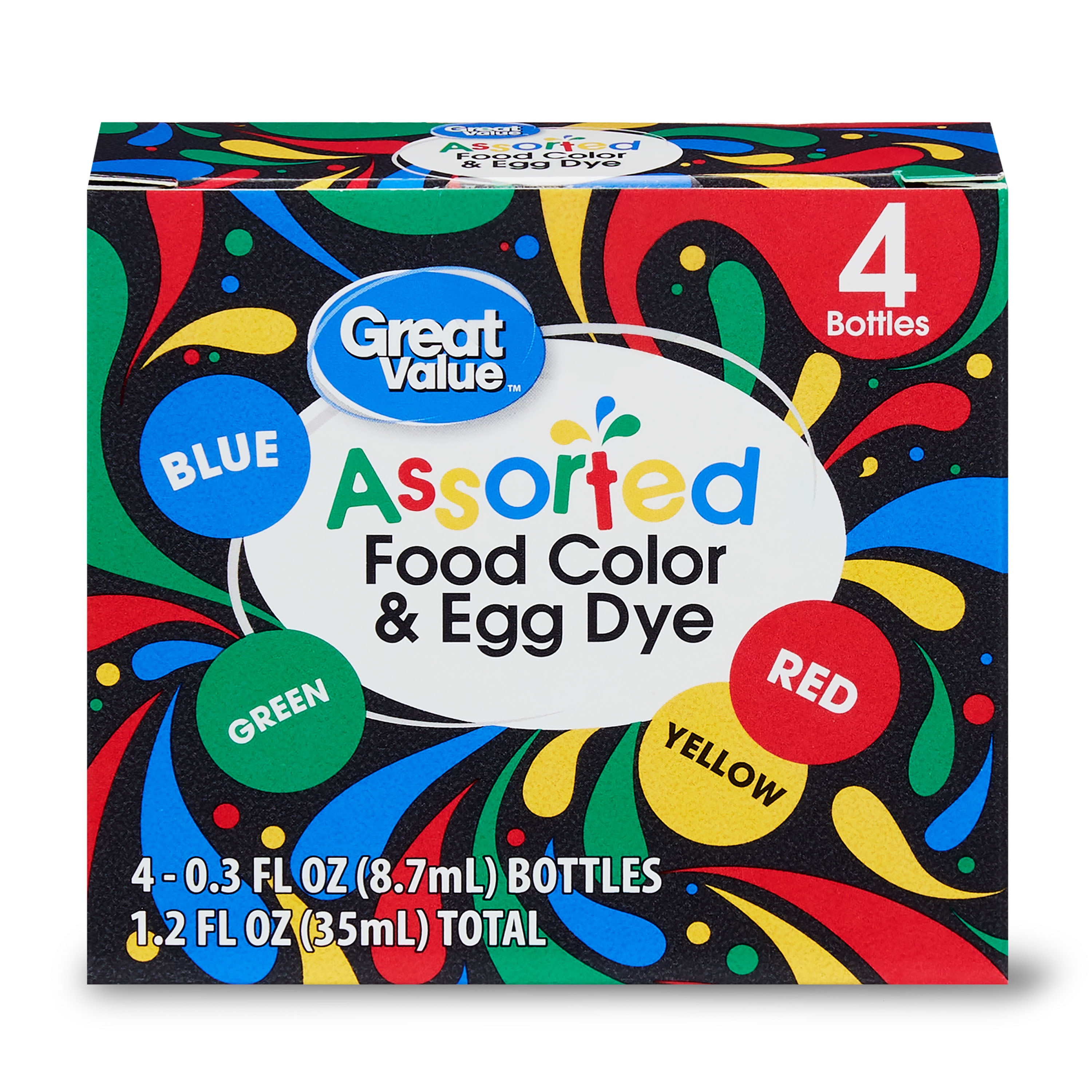 Great Value Assorted Food Color & Egg Dye, 0.3 fl oz, 4 Ct