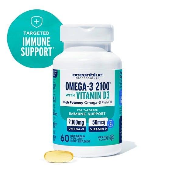 OceanBlue Professional Omega-3 2100 with Vitamin D, 60 Servings, Triple Strength Fish Oil for Cognitive Support, Burpless, Gluten-Free, Mercury-Free