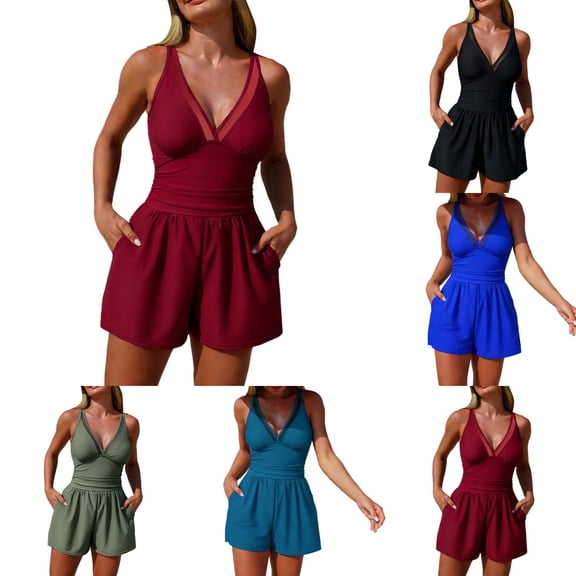 MuXiKeJi Clothes Womens Swim Rompers with Built in Bra 1 Piece V Neck Tummy Control Bathing Suit Modest Full Coverage Swimsuits