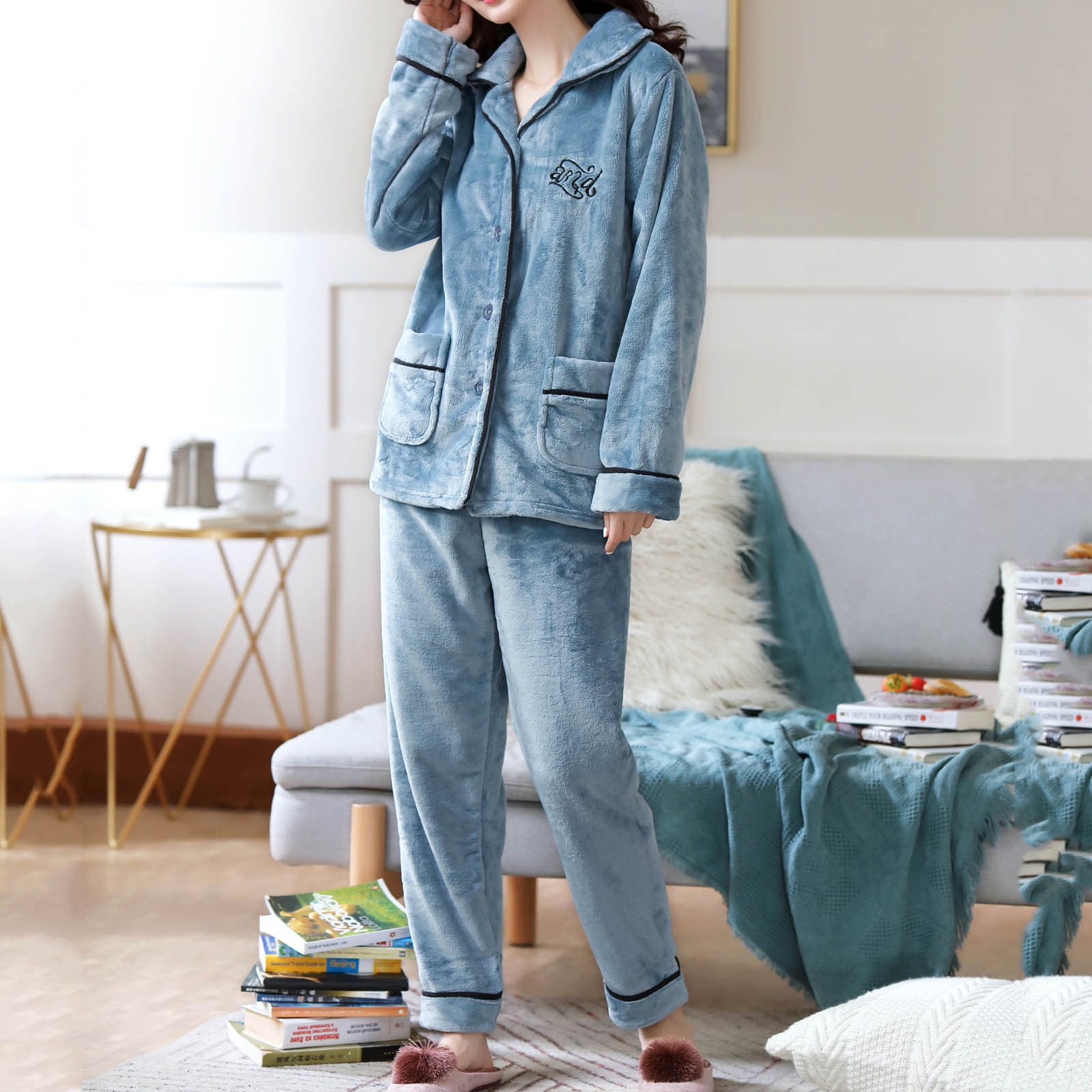 Jovati Flannel Pajama Pants Ladies Fashion Flannel Solid Print Pocket Long Sleeve Long Pants Pajama Suit Other