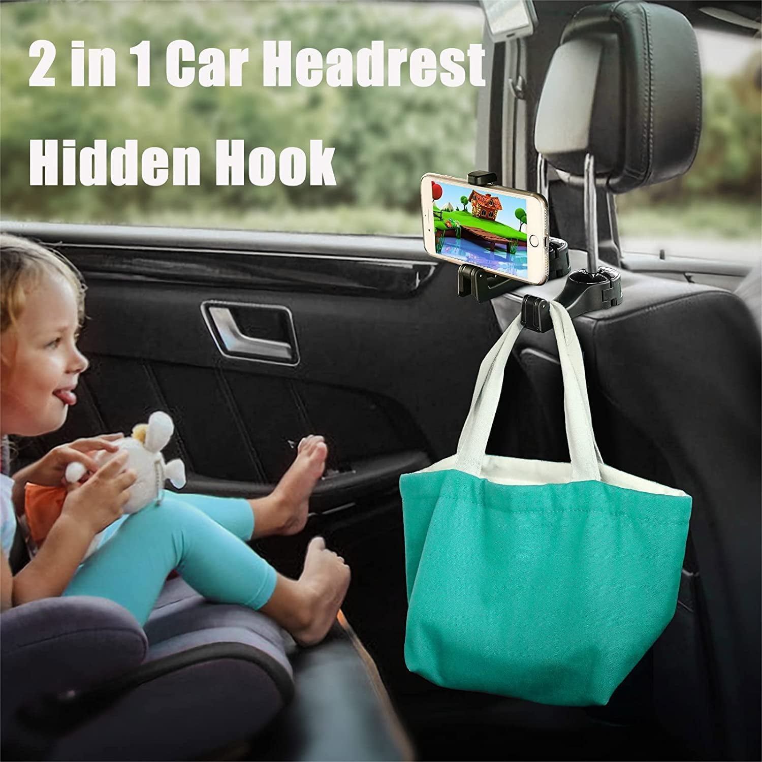 2 in 1 Car Headrest Hidden Hook, 2 in 1 Car Seat Hooks with Phone