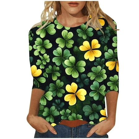Bibifish Womens T-Shirt Black Green Yellow Clover Print Short Sleeve Crew Neck tee Stretchy Relaxed Fit Casual St. Patrickâs Day Celebrations Cute Top