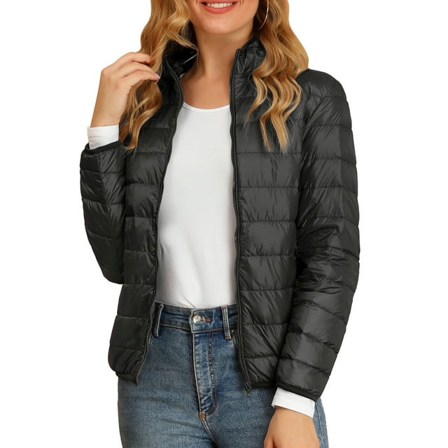 Chaqueta acolchada para mujer Inspire Chic con cuello alto, ligera, con capucha y cierre de cremallera, color negro