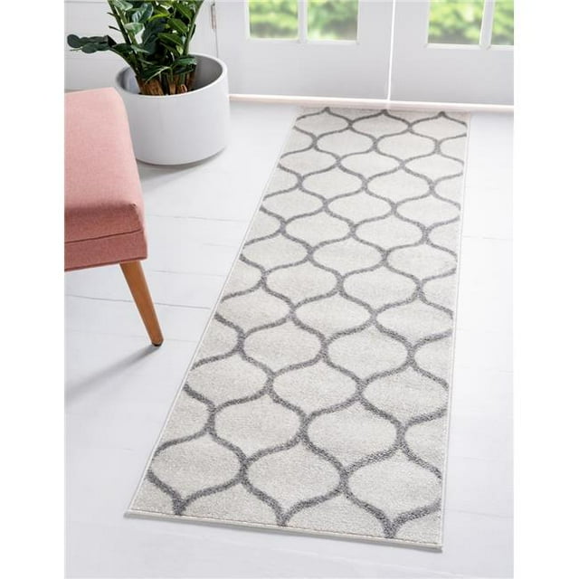 Unique Loom 3151549 2 x 10 ft. Rounded Trellis Frieze Runner Rug, Ivory