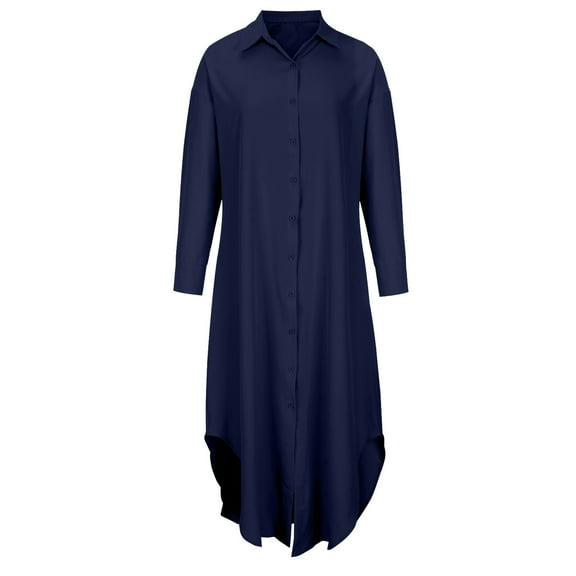JGGSPWM Womens Ankle Length Maxi Tops Solid Button Down Cardigans Lapel V Neck Long Sleeve Shirts Irregular Flare Hem Tshirt Cardigan Boyfriend Style Tunic Navy M