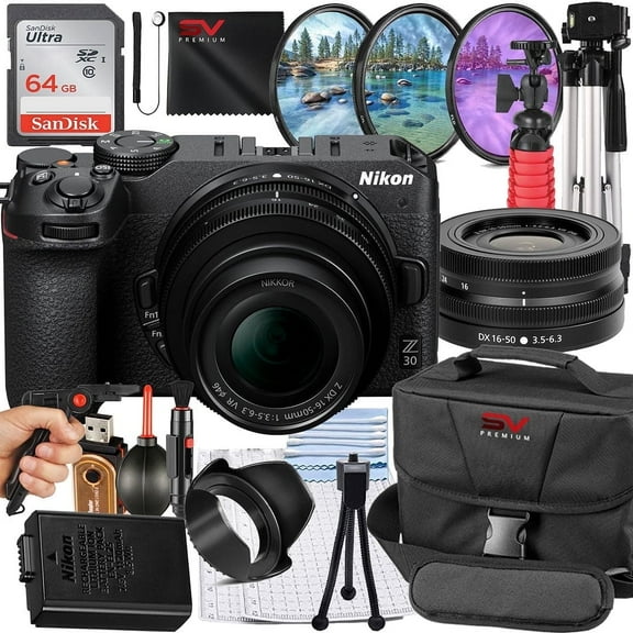 Nikon Z30 Mirrorless Camera with 16-50mm Lens   SanDisk 64GB Memory Card   Pistol Grip Tripod   SV Premium Accessory Bundle (International Version)