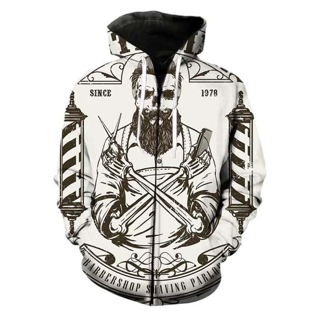 Sudadera con capucha y cremallera para hombre, diseño de barbero de dibujos animados, con estampado 3D, informal, moderna, para adolescentes, unisex, estilo Harajuku, con capucha, para primavera