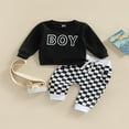 thumbnail image 2 of Newborn Boy 2Pcs Outfits  Letter Pattern Long Sleeve  Neck Tops + Checkerboard Printed Loose Fit Trousers, 2 of 7