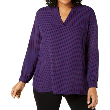 Anne Klein Womens Oblique Stripe Pullover Blouse, Blue, Plus Size, 0X
