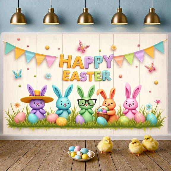 Colorful Bunny Themed Easter Banner Vibrant Easter Egg Pattern Backdrop Cute Cartoon  Floral Accent Display for Easter Party Kids Celebration Family Gathering