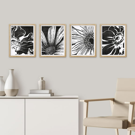 PixonSign Framed Wall Art Black Sunflowers Floral Botanical Posters, Set of 4 Nature Wilderness Country/Farmhouse Canvas Prints, Rustic Cozy Zen Wall Décor for Home Decor - 11"x14" Natural