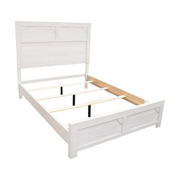 Modern Queen Size Bed, High Headboard w Low Footboard, Whitewash Wood