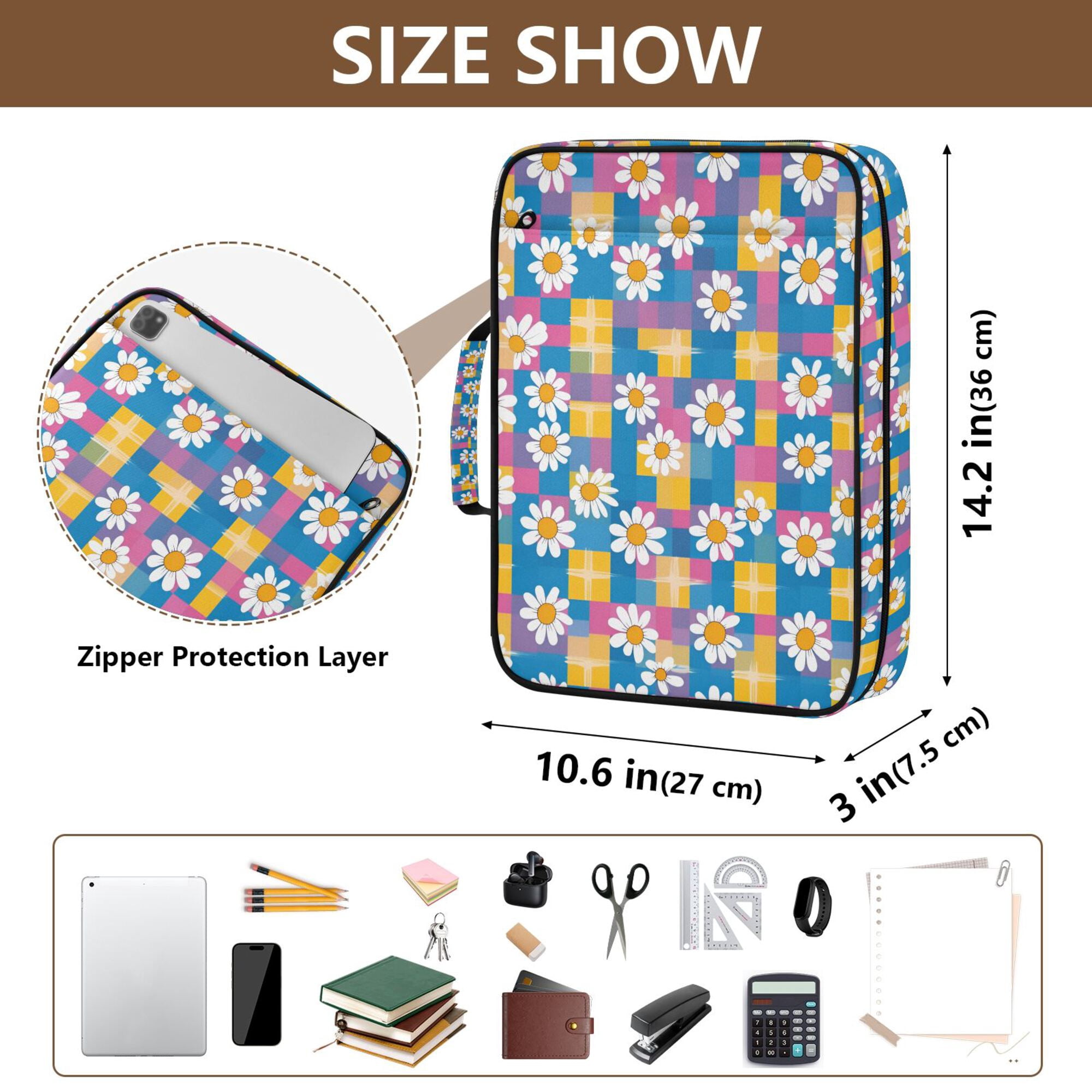 FORMRS Accordion File Folder A4 Size 7-Pocket Expanding Document Organizer Bag with 3 Ring Binder, Blue Checkered Daisy
