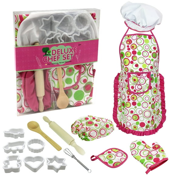 Yeacher Kids Cooking and Baking Set 15 PCS with Chef Hat Apron Oven Mitt Oversleeves Kitchen Utensils Children Chef Role Playset Educational Gift for Girls (Pink)