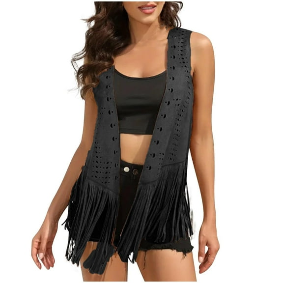 Oplxuo Women's Plus Fringe Vest Cardigan 70s HippieTassel Sleeveless Open Front Jackets Western Cowgirl Outfit