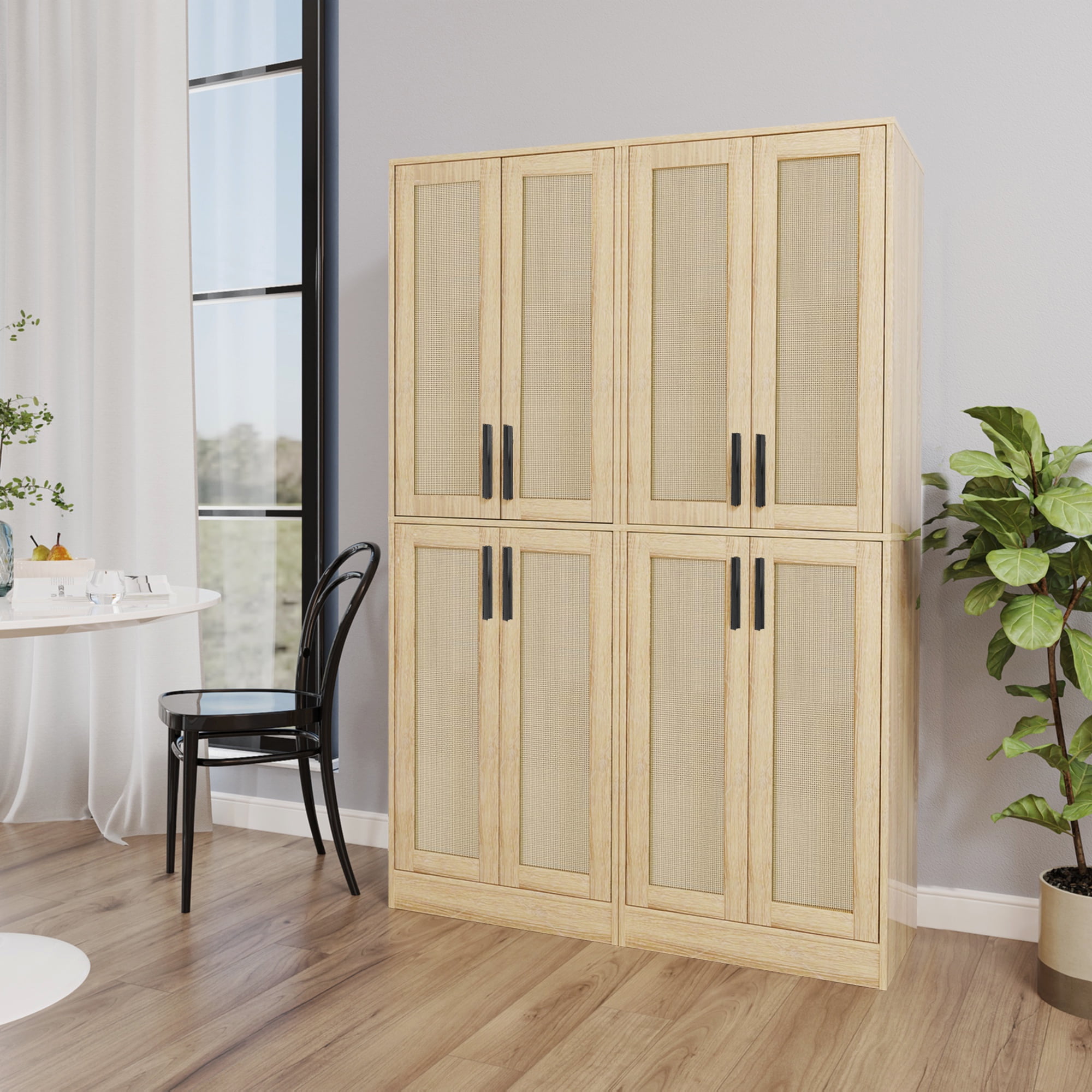 BOCVKENN Storage Cabinet - Kitchen Pantry Cabinet, Tall Pantry Storage Cabinet Freestanding with 4 Rattan Doors and Adjustable Shelves, Cupboard Cabinet for Dining Living Room, Laundry, Bathroom