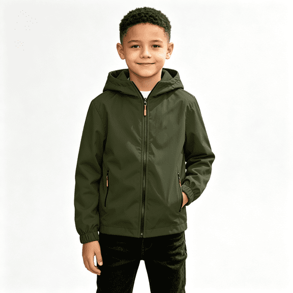 Boys Waterproof Windbreaker Outdoor Jacekt Lightweight Full Zip Fall Fashion Soft Lining Kids Raincoat with Hood Army Green 5-14