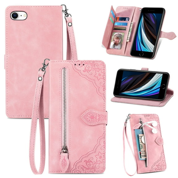for iPhone 7 / 8 / SE 2022 & 2020 Case for Women,Cute Wallet Case with Zipper Pocket Purse Flower Embossed PU Leather Card Slots Wrist Strap Flip Folio Protective Phone Cover, Pink