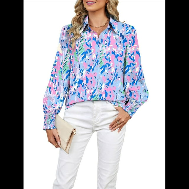 Blusas Bohemias con Cuello en V y Mangas Farol para Mujer 2025 Pequeña Flor Azul S