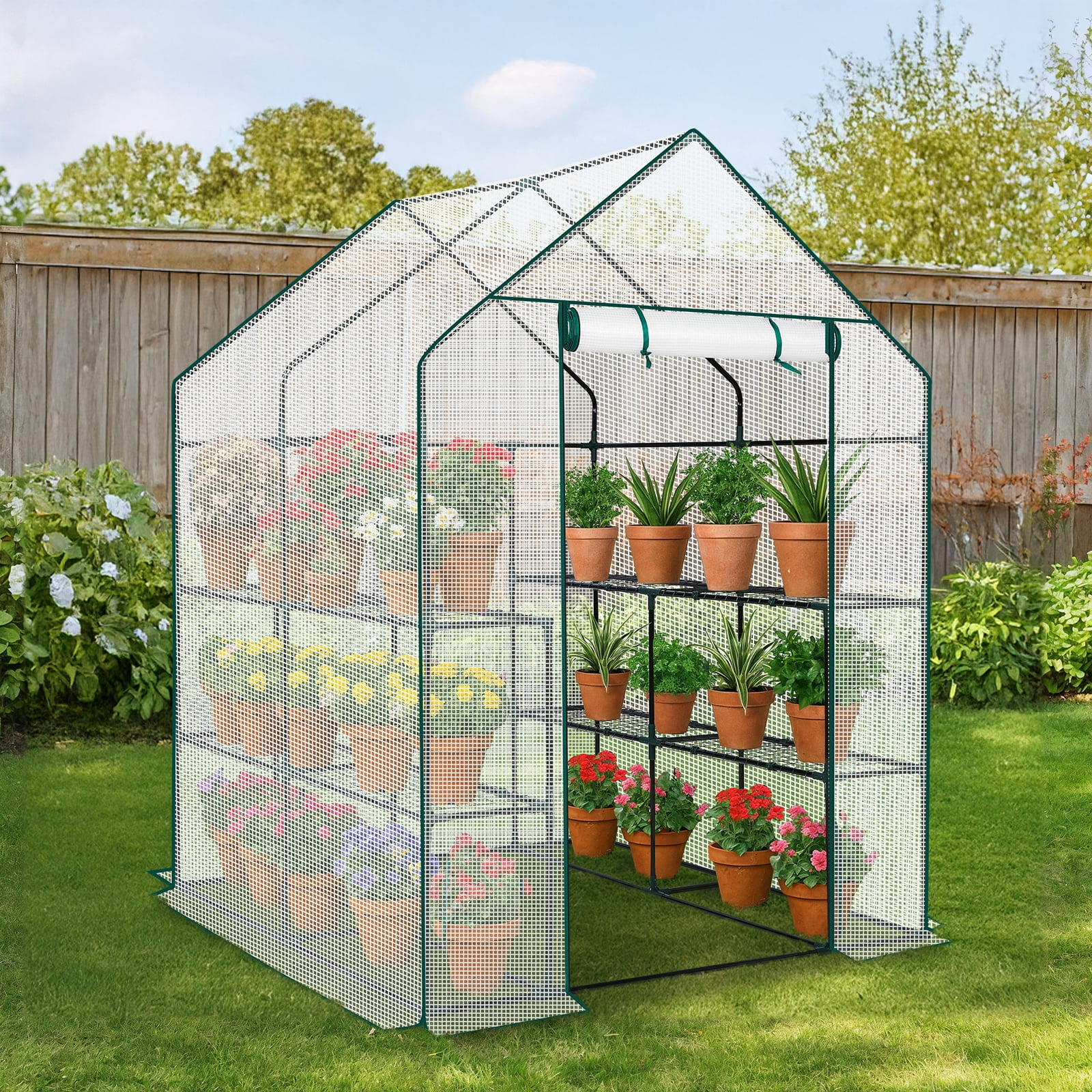 Zimtown 56"x56" Walk-In Greenhouse with 8 Shelves, PE Cover, Zippered Door, Vent Window, Sturdy Frame, White