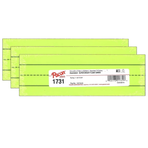 Pacon Super Bright Flash Cards Assorted Colors 3" x 9" 100 Cards/Pack 3 Packs (PAC1731-3)