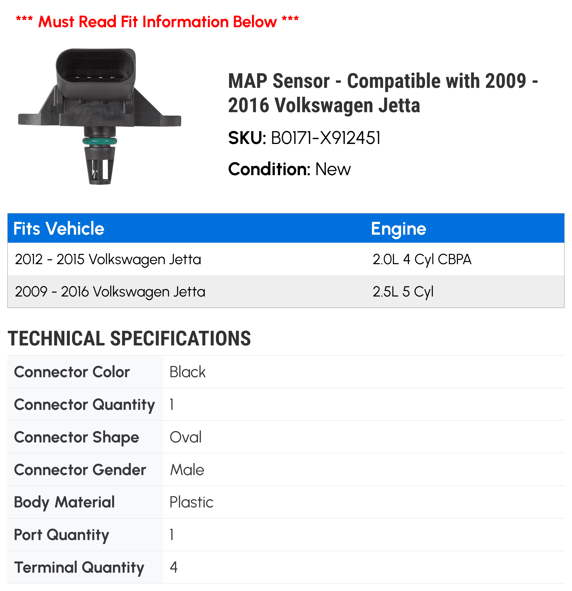 MAP Sensor - Compatible with 2009 - 2016 Volkswagen Jetta - Spectra Premium