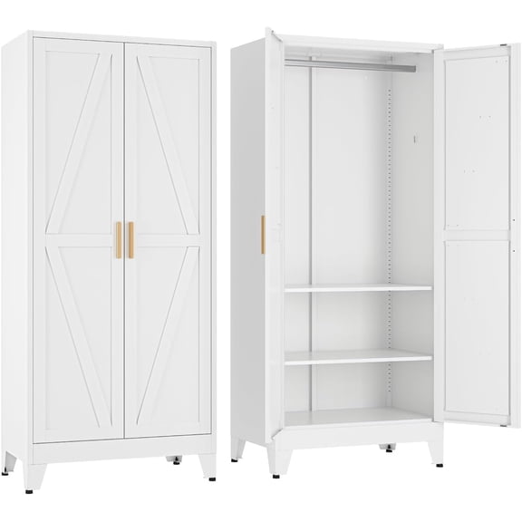 COFaR Metal Wardrobe Closet with Adjustable Hanging Rod and Shelves, 71'' Tall Bedroom Armoires with Farmhouse Doors, Closet Storage Cabinet for Office Garage Laundry, White