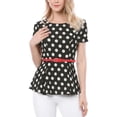 thumbnail image 3 of Unique Bargains Women's Polka Dots Short Sleeve Contrast Belt Peplum Top L Black, 3 of 8