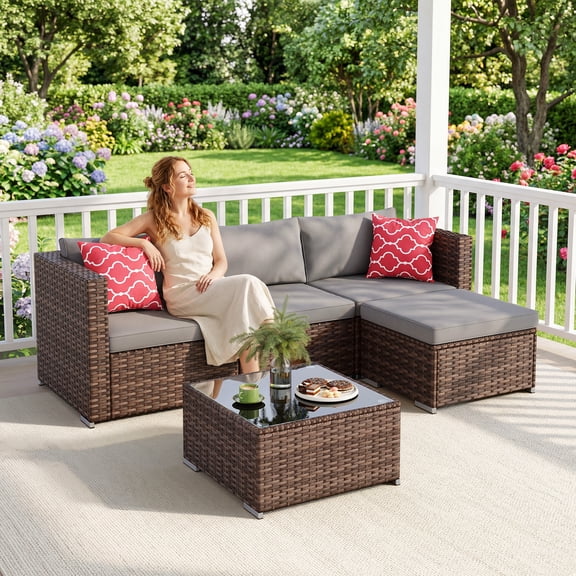 5 Pieces Patio Furniture Set Clearance, Jolifa Outdoor Sectional Patio Sofa, Conversation Patio Set with Cushions and Glass Coffee Table