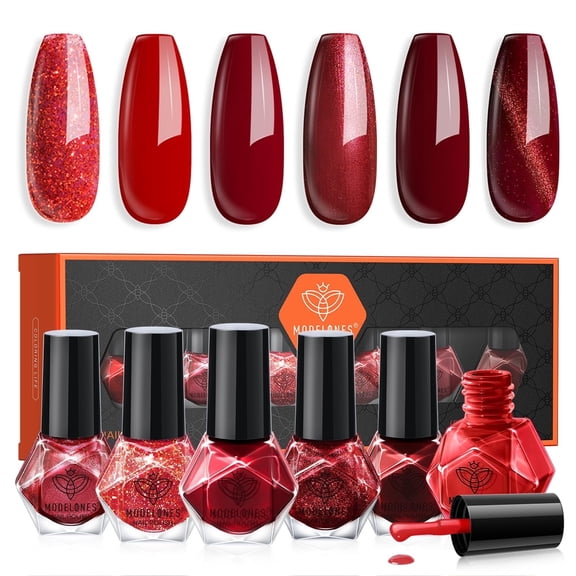 modelones Nail Polish Set, 6 Colors 2025 Summer Classic Apple Red Cat Eye Glitter Mini Quick Dry Nail Lacquer Kit, Ruby Cherry Red Magnetic Sparkle DIY Nail Art Manicure Gift for Women Girls
