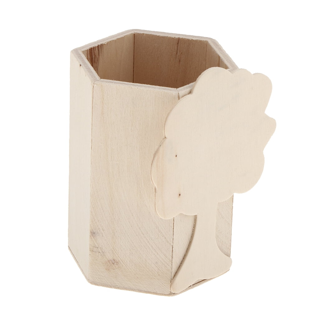 Prettyia Tree Design Unfinished Wood Pen Container Storage Box Stationery