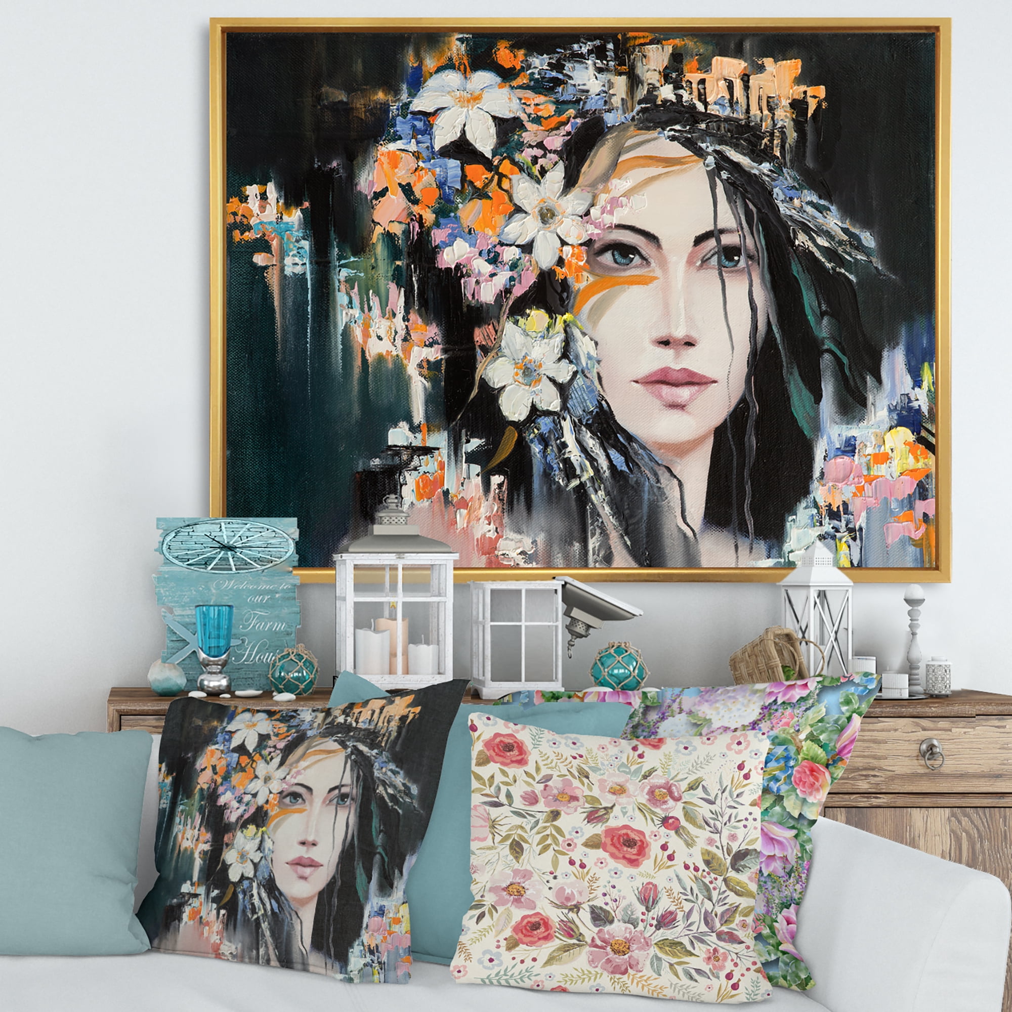 Designart 'Portrait Of A Young Woman With Flowers I' Modern Framed Canvas Wall Art Print