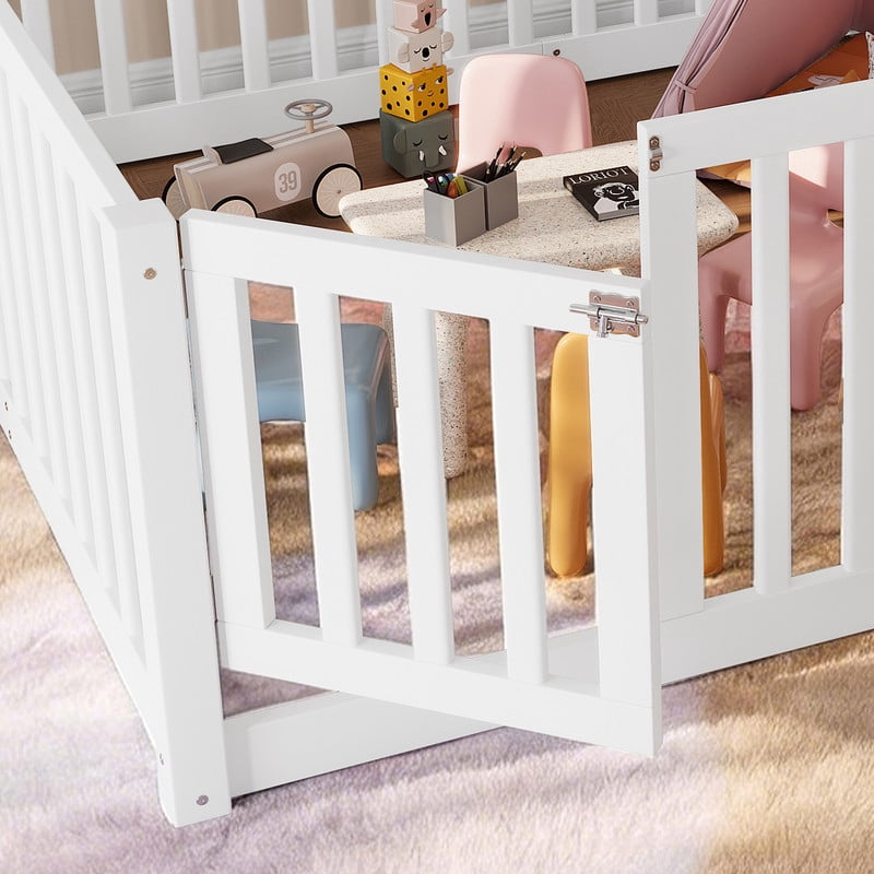 Bellemave Full Montessori Bed Frame, Wood Full Size Floor Bed with High Fence Rails, Full Beds Frame for Bedroom Playroom(White)