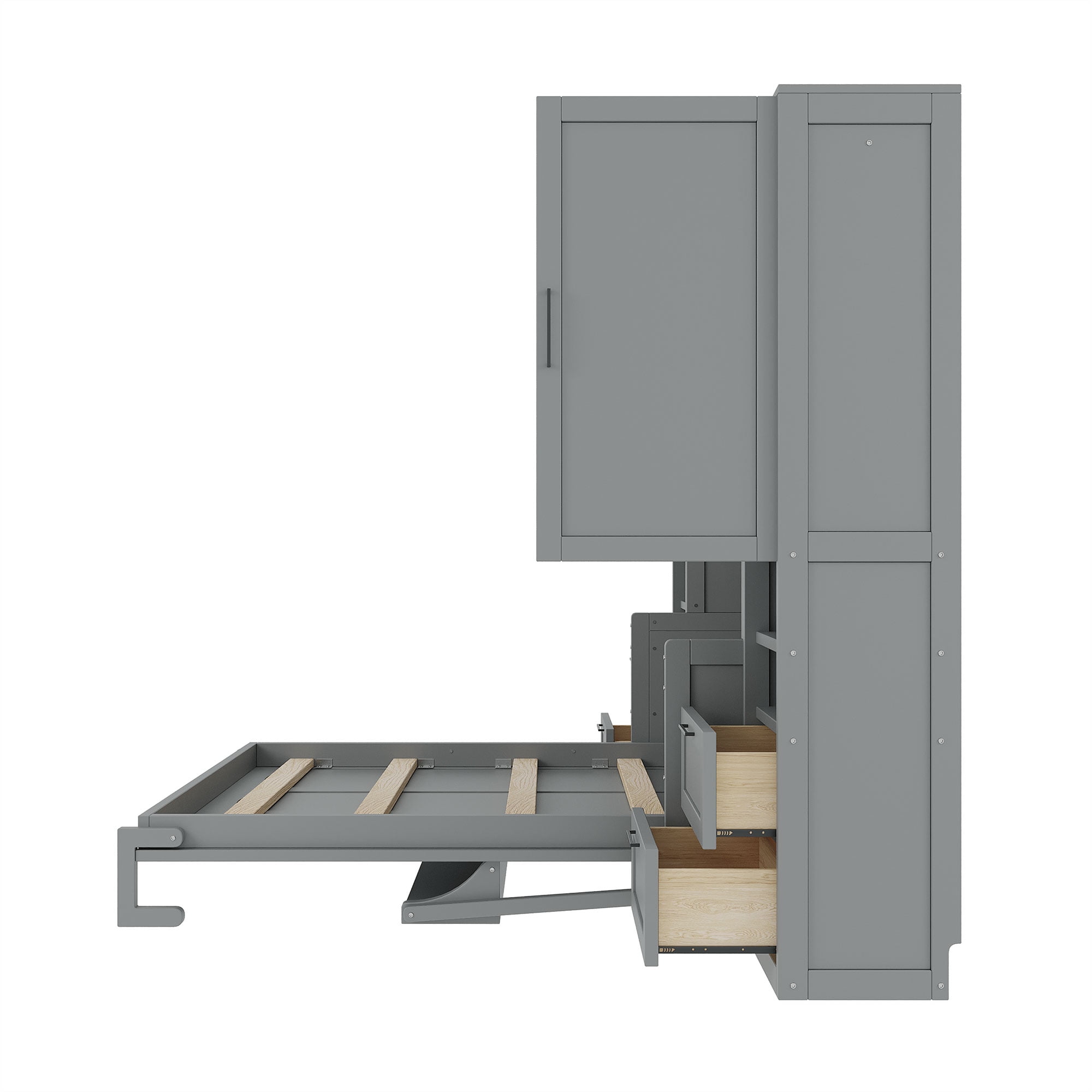 Queen Size Murphy Bed with 2 Closet, 4 Drawers and Open Shelves for Small Space, Guest Room