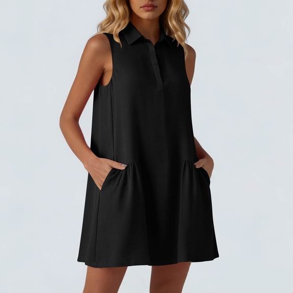 ClodeEU Women's Sleeveless Collared Shirt Dress, Casual Solid Color Ruffled Hem Tunic Mini Dress Black,Women's Plus L