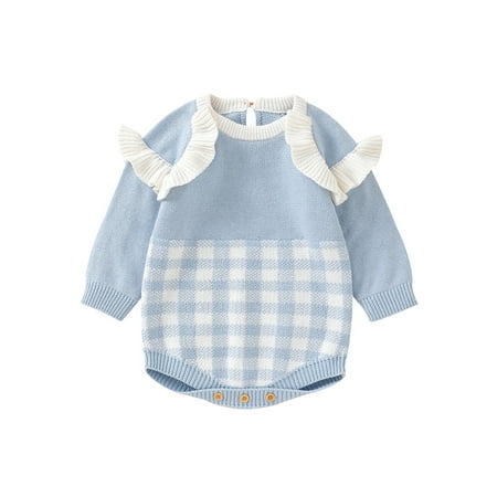 

Amuver Infant Baby Knitted Romper Long Sleeve Crew Neck Plaid Print Frill Trim Bodysuit