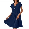 thumbnail image 1 of Vestido Tipo Túnica de Verano para Mujer, de Corta, con Botones, Cuello en V, Holgado, Informal, Plisado, Color Azul Oscuro, Talla S, 1 of 5