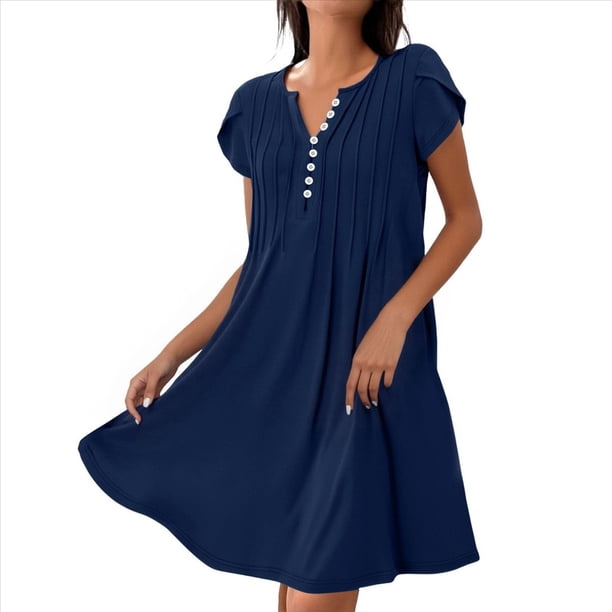 Vestido Tipo Túnica de Verano para Mujer, de Corta, con Botones, Cuello en V, Holgado, Informal, Plisado, Azul Oscuro, Talla L