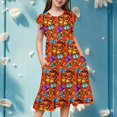 thumbnail image 2 of MIASHUI Robe à Manches Volantées pour Filles Tenue Décontractée d'Été Fête Imprimé Coloré Taille Élastique Confortable Robe pour Enfants Orange, 10-11 Ans, 2 of 6