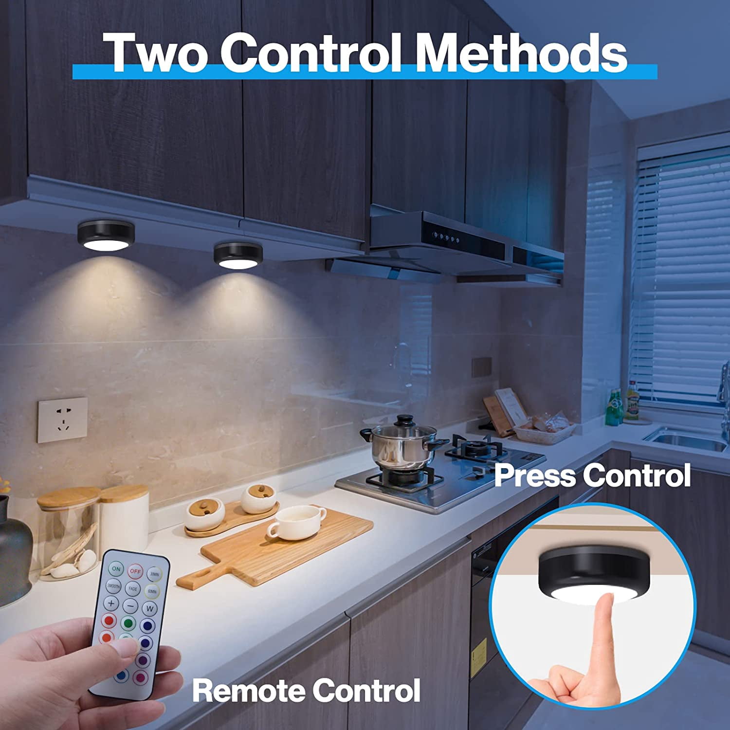 JJEAN-Puck Lights, 4 Pack 13 Colors Changeable LED Puck lightings Battery Powered Dimmable Under Cabinet Lights, Battery Powered Under Counter Lights with 1 Wireless Remote Controls, Black
