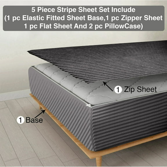 DNG Creations 5 Piece Zipper Sheet Set - Include (1 Elastic Fitted Sheet, 1 Base Sheet has Zipper, 1 Flat Sheet And 2 Pillowcase) 15 Inch Deep Pocket ( Stripe Dark-Grey - Twin )