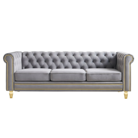 Chesterfield Vel Velvet Sofa 84.65 Inch Light Grey Upholstered Living Room Couch with Gold Trim and Deep Button Tufting for Maximum Comfort and Classic Style