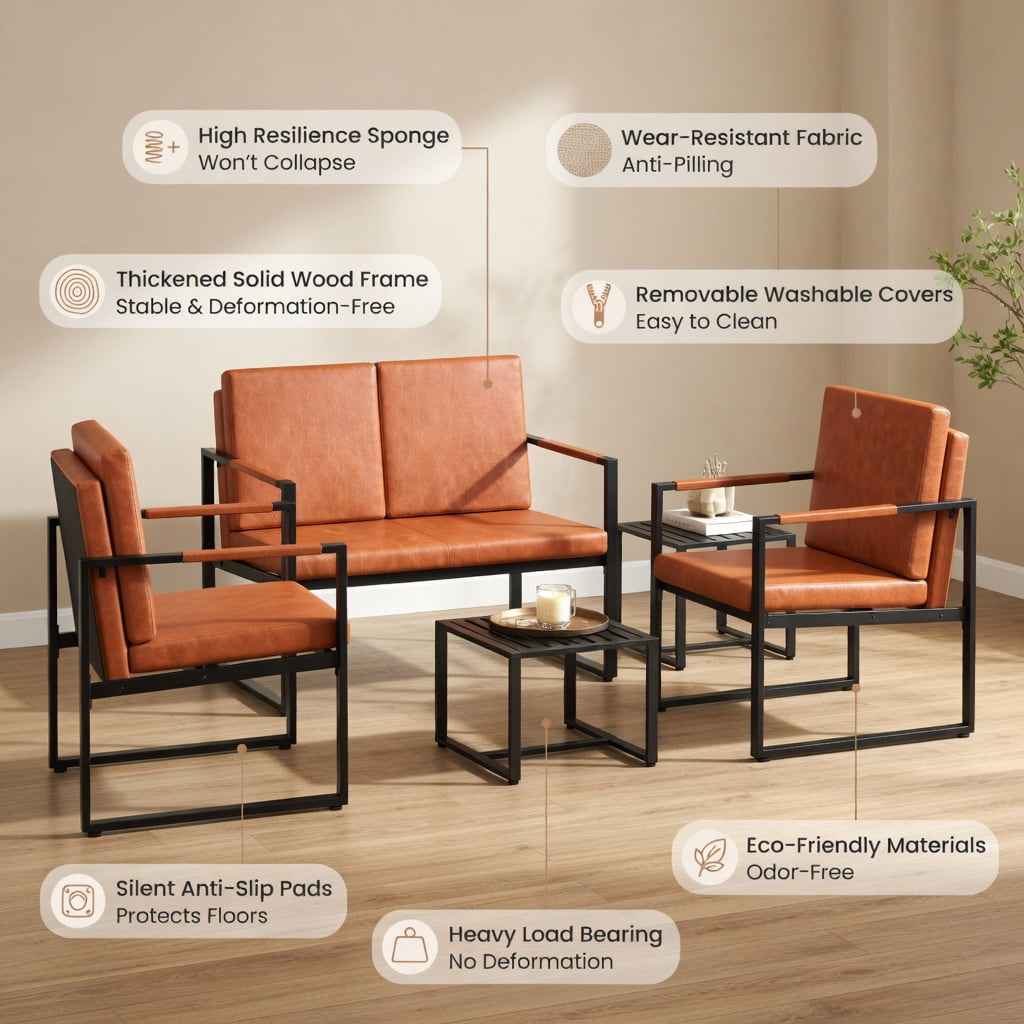 Hommoo Modern 2-Seater Loveseat Sofa in Brown PU Leather, Compact Small Couch for Living Room, Office & Guest Space, Brown
