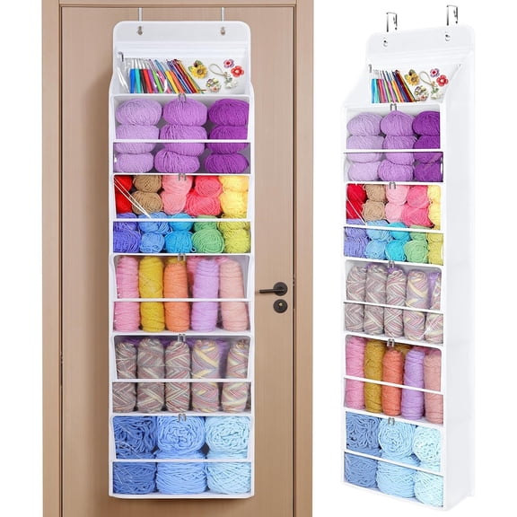Hanging Yarn Storage Organizer, 6 Zipper Compartments Large Capacity Knitting Supplies Holder, Over Door Hanging Storage Bag for Yarn Balls, Crochet Hooks and Knitting Needles, Clear White, 1 Pack