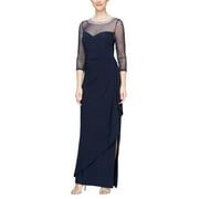 Alex Evenings Long Illusion 3/F4'' Sleeve Side Ruched Dress w/F Embellished Neckline (Womens, Navy, 6)