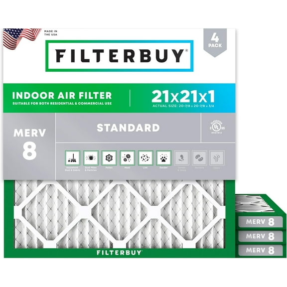 Filterbuy 21x21x1 MERV 8 Dust Defense, Pleated HVAC AC Furnace Air Filters (4-Pack)