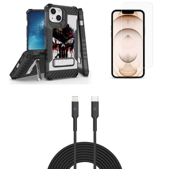 Bemz iPhone 13 Mini Bundle: Tri Shield Military Grade Armor Rugged Case (Splatter Skull), Premium Glass Screen Protectors (2-Pack), USB-C to Lightning Cable (3.3ft/1m)