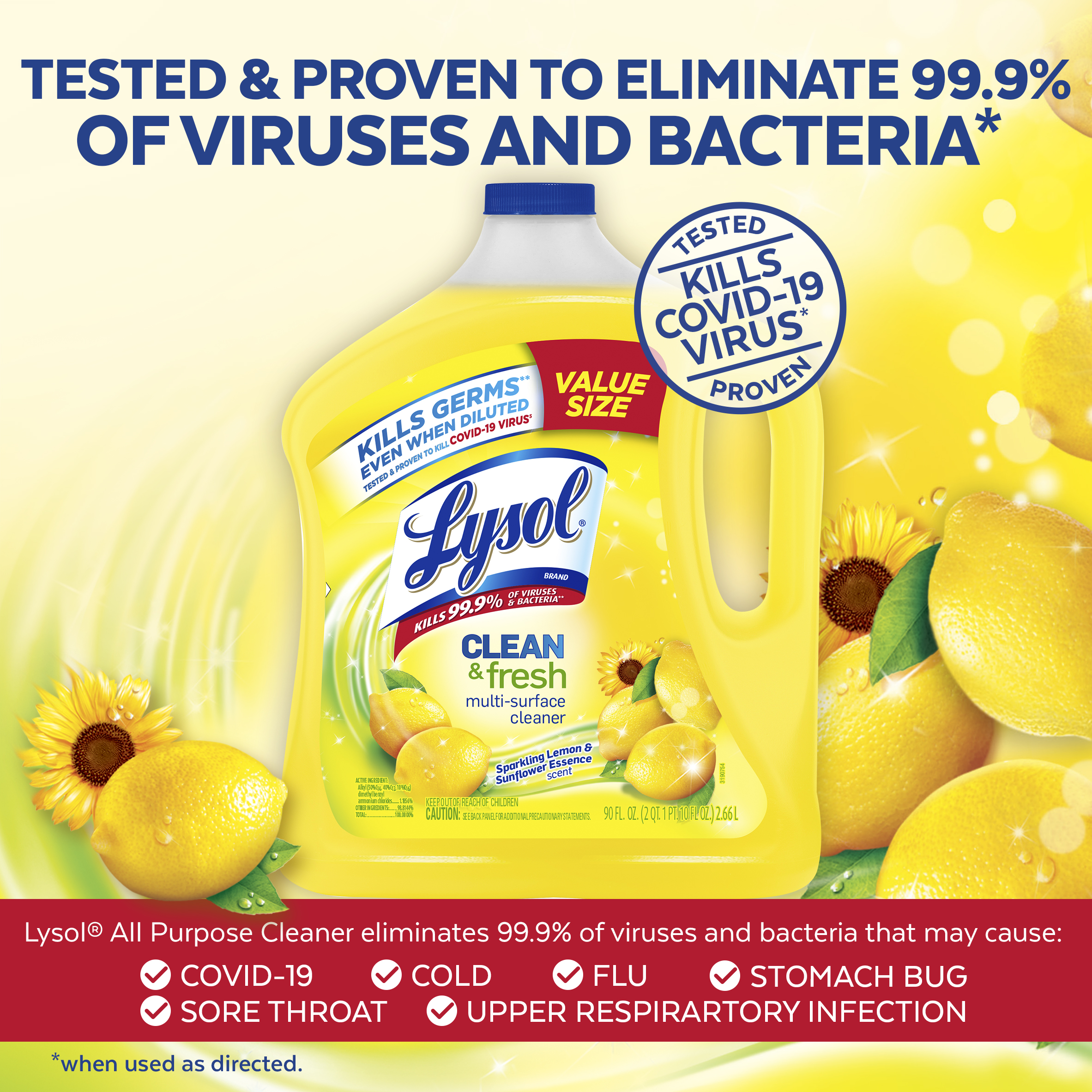 Lysol Multi-Surface Cleaner, Sanitizing and Disinfecting Pour, to Clean and Deodorize, Sparkling Lemon and Sunflower Essence, 90 Fl Oz. - image 3 of 6