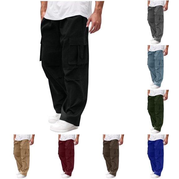 XIAONU Mens Solid Cargo Pants Drawstring Waist Multi Pockets Pants