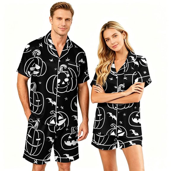 Halloween Couple Pajamas Matching Sets Button Up Pajamas Halloween Pj Set Halloween Pajamas Spooky Pajamas Women Couple Matching Pajamas Sets Women & Men Button Down Pjs Men, Black, L